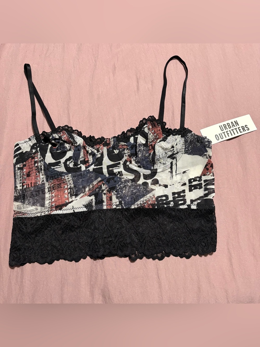 Urban Outfitters Black, White & Red Printed Lace Bralette